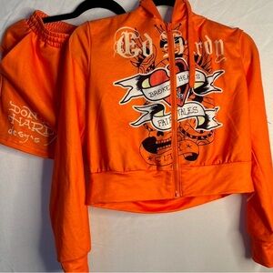 Ed Hardy Bold Orange Graphic Hoodie and Shorts